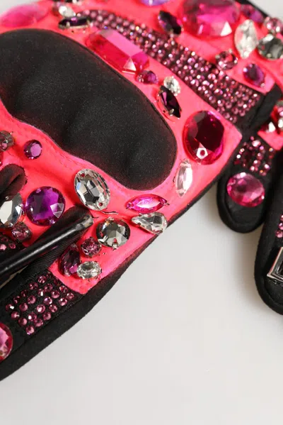 Pre-owned Dolce & Gabbana Black Pink Crystal Wrist Length Mitten Women's Gloves ()