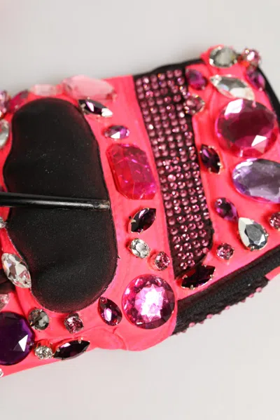 Pre-owned Dolce & Gabbana Black Pink Crystal Wrist Length Mitten Women's Gloves ()
