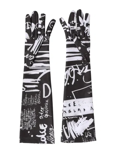 Dolce & Gabbana Black White Dg Logo Elbow Length Mitten Gloves In Black
