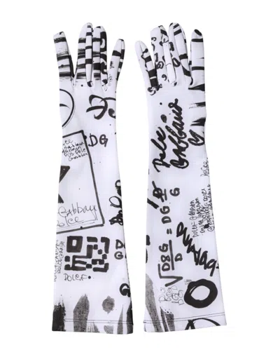 Dolce & Gabbana Black White Dg Logo Elbow Length Mitten Gloves In White
