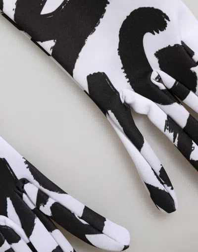 Dolce & Gabbana Black White Dg Logo Elbow Length Mitten Gloves In White