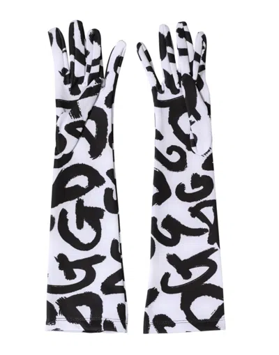 Dolce & Gabbana Black White Dg Logo Elbow Length Mitten Gloves In White