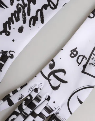 Dolce & Gabbana Black White Dg Logo Elbow Length Mitten Gloves In White