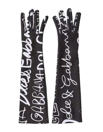 Dolce & Gabbana Black White Dg Logo Elbow Length Mitten Gloves In Black