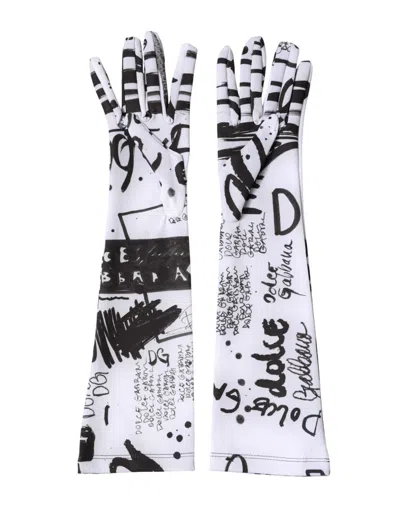 Dolce & Gabbana Black White Dg Logo Elbow Length Mitten Gloves In White