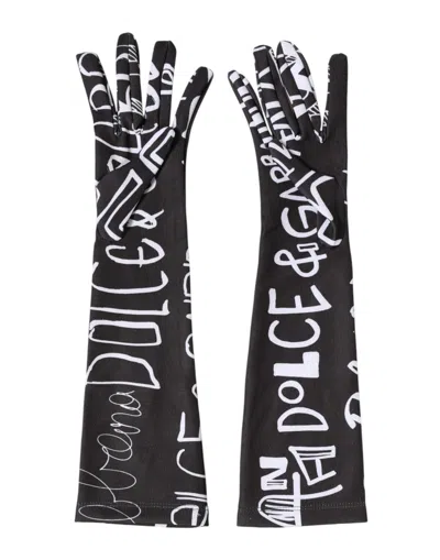 Dolce & Gabbana Black White Dg Logo Elbow Length Mitten Gloves In Black