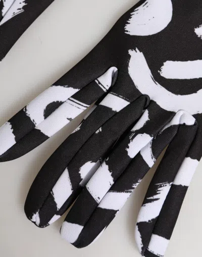 Dolce & Gabbana Black White Dg Logo Elbow Length Mitten Gloves In Black