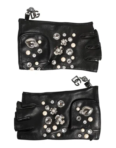 Dolce & Gabbana Blue Logo Fingerless Wrist Length Mitten Gloves In Black