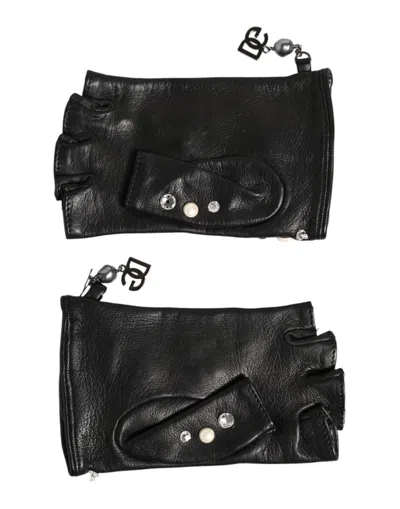 Dolce & Gabbana Blue Logo Fingerless Wrist Length Mitten Gloves In Black