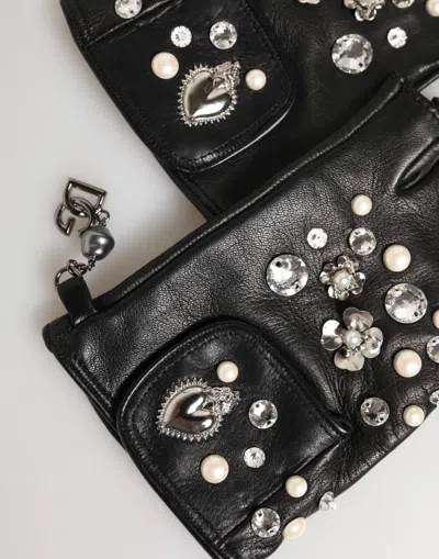 Dolce & Gabbana Blue Logo Fingerless Wrist Length Mitten Gloves In Black