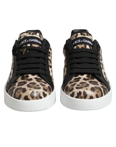 Dolce & Gabbana Brown Leather Leopard Low Top Sneakers Women's Shoes In Brown