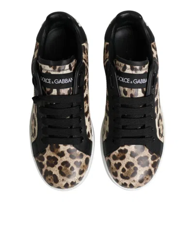 Dolce & Gabbana Brown Leather Leopard Low Top Sneakers Women's Shoes In Brown