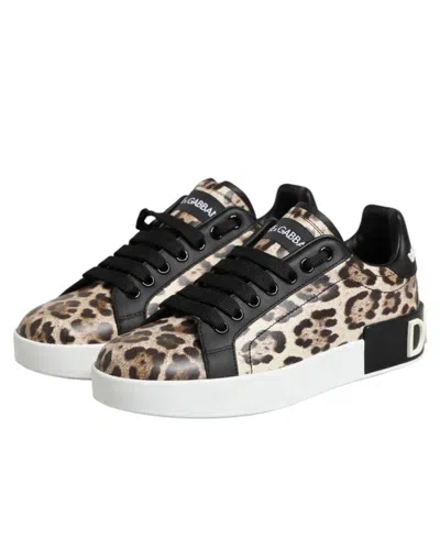 Dolce & Gabbana Brown Leather Leopard Low Top Sneakers Women's Shoes In Brown