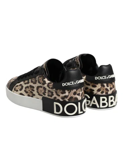Dolce & Gabbana Brown Leather Leopard Low Top Sneakers Women's Shoes In Brown