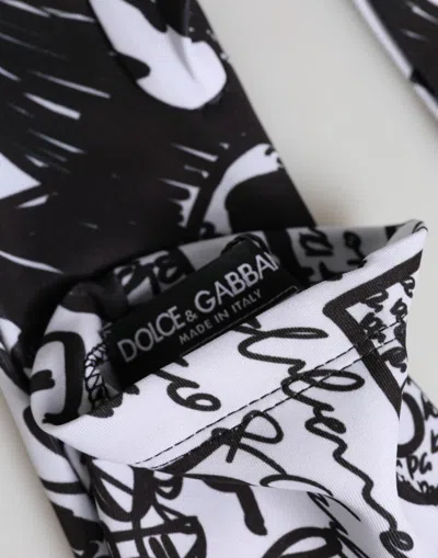 Dolce & Gabbana Gloves Black White Dg Logo Elbow Length Women's Mitten In Multi