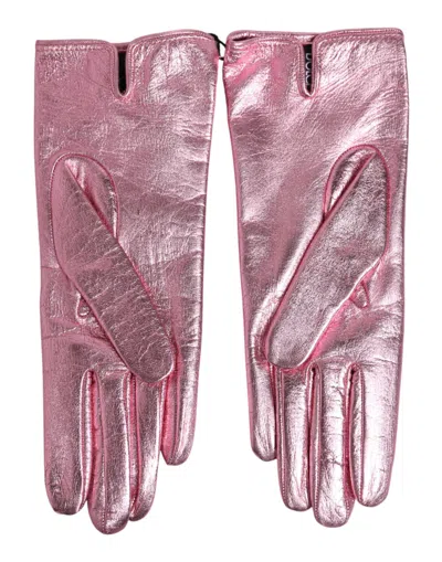 Dolce & Gabbana Pink Leather Dg Logo Wrist Length Mitten Women's Gloves In Pink