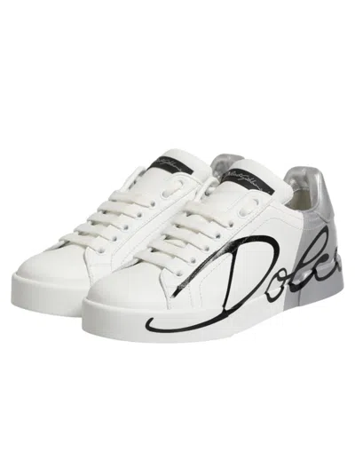 Dolce & Gabbana White Gray Low Top Leather Sneaker Women's Shoes In White