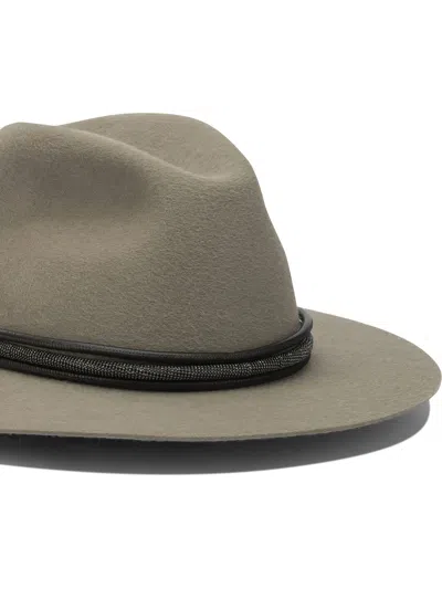 Brunello Cucinelli Fedora Hat With Tubular Leather Band And Monile Detail In Gray
