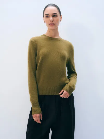 White & Warren Cashmere Rib Trim Crewneck Top In Bright Olive In Green