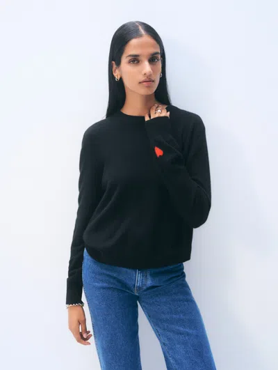 White & Warren Cashmere Mini Heart Sleeve Crewneck Top In Black/desert Red In Black
