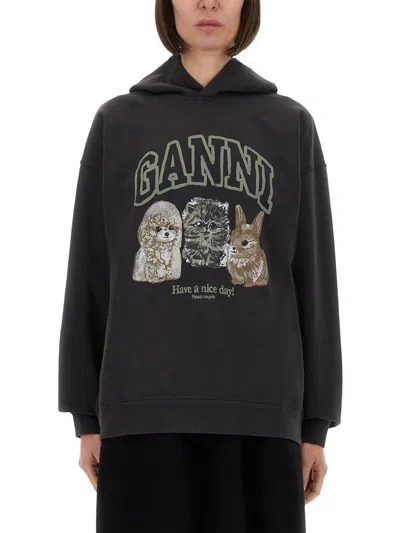 Ganni Hoodie With Print In Gray