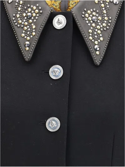Versace Felted Studded Longline Coat In Black