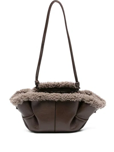 Hereu Mini Leather Handbag Shearling Trim In Brown