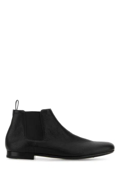 Prada Black Leather Ankle Boots In Black