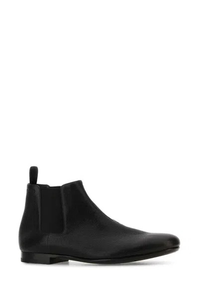 Prada Black Leather Ankle Boots In Black