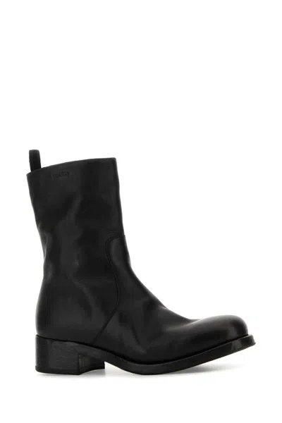 Prada Round Toe Leather Ankle Boots With Block Heel In Black