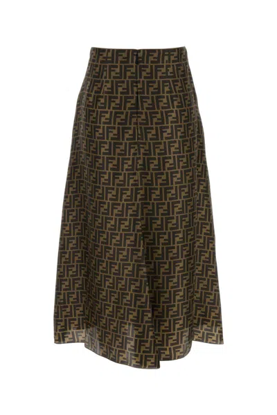 Fendi Women Embroidered Silk Skirt In Brown