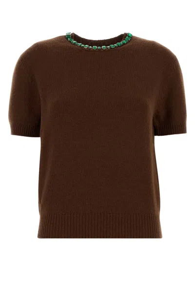 Prada Knit Sweater Embellished Neckline In Brown