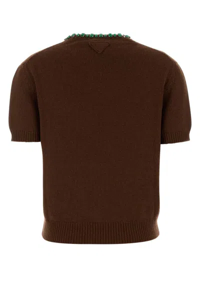 Prada Knit Sweater Embellished Neckline In Brown