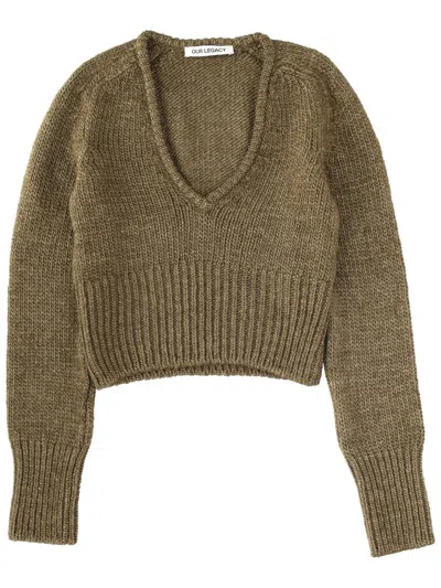 Our Legacy Cropped V-neck Long Sleeve Knit Sweater In Green