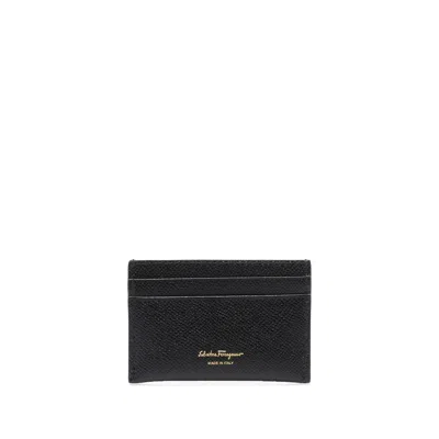 Ferragamo Black Card-holder With Gancini Detail In Hammered Leather Woman In Black