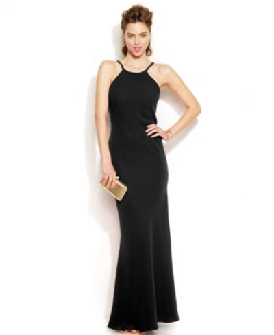 Shop Calvin Klein Sleeveless Scoop-back Halter Gown In Black