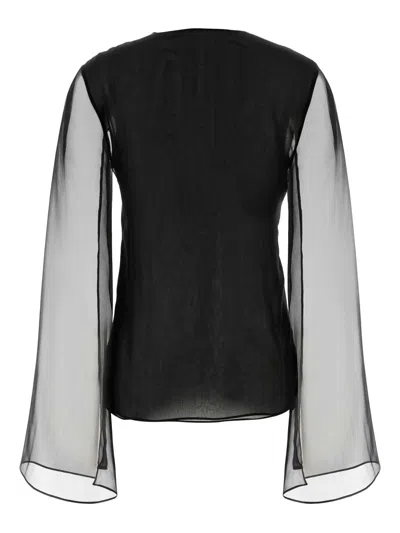 Alberta Ferretti Sheer-sleeve Silk Blouse In Brown