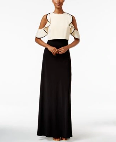 Shop Jill Jill Stuart Colorblocked Cold-shoulder Ruffled Gown In Bisque/black