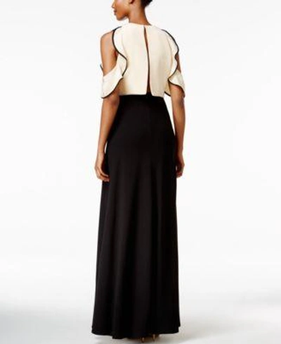 Shop Jill Jill Stuart Colorblocked Cold-shoulder Ruffled Gown In Bisque/black