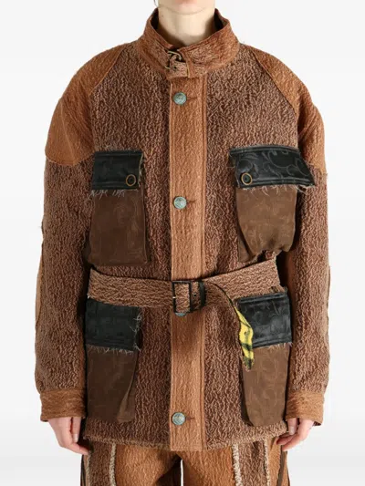Communs Belted Patchwork Jacket In Brown