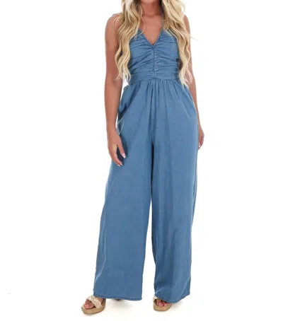 Day + Moon Take Time Off Halter Jumpsuit In Denim In Blue