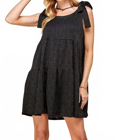 Shopin La Ribbon Tie Eyelet Tiered Mini Dress In Black In Black