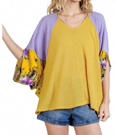 Umgee Floral Split Sleeve Color Block Top In Goldenrod In Gold