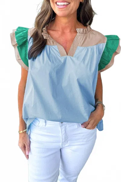 Lovesoft Colorblock Ruffled Sleeve Frill V-neck Blouse In Mist Blue In Blue