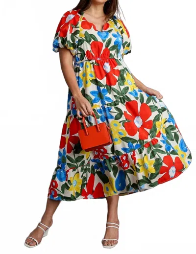 Umgee Bold Floral Tiered Maxi Dress - Plus In Off-white Mix In Multi