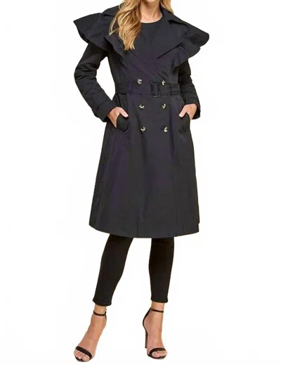 Tcec Ruffle Detail Trench Coat In Black In Blue