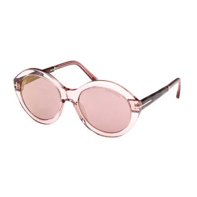 Tom Ford Round Full Rim, With A Shiny Light Pink/dark Havana Frame And Violet Mirror Lens. In Pink