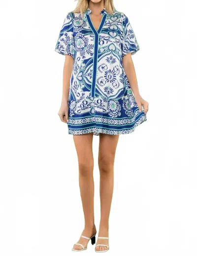 Thml Tile Print Puff Sleeve Mini Dress In Blue In Blue