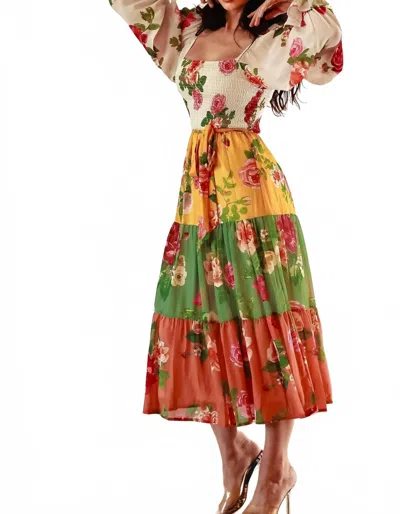 Little Secret Of Mine Tiered Midi Dress With Sleeves In Garden Of Roses Floral Print In Multi