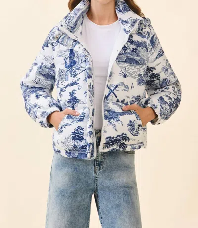 Tcec Antique Print Zip Up Snap Button Puffer Jacket In Navy In Blue